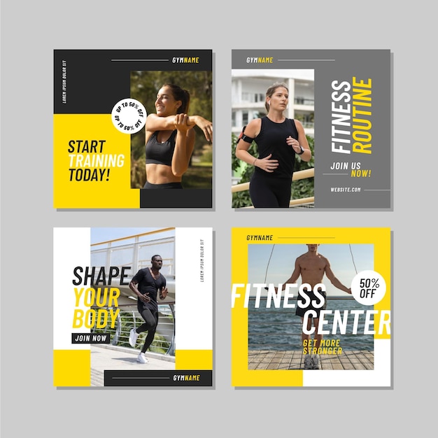 Free vector flat health and fitness post pack with photo