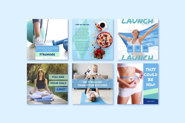 Flat health and fitness post set with photo