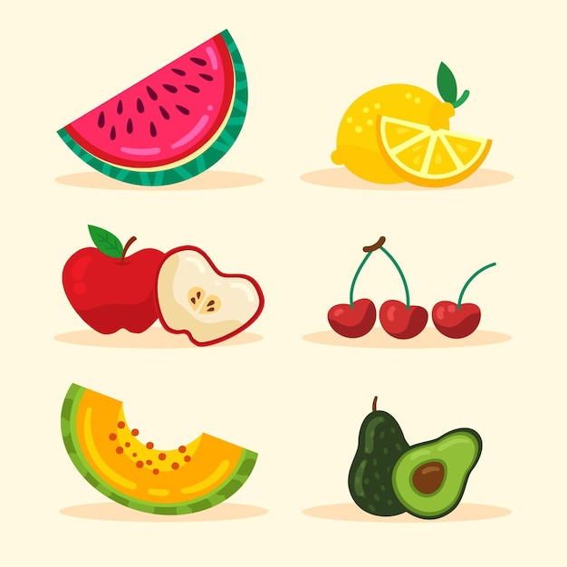 Плоская коллекция здоровых фруктов