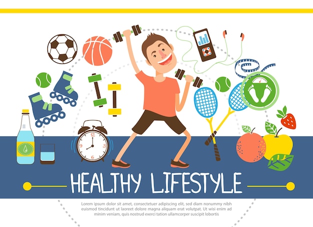 Flat healthy lifestyle concept with athlete soccer basketball
tennis balls rackets fruits water scales dumbbels clock rollers
music player illustration