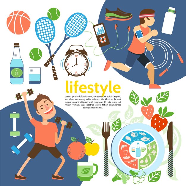 Flat healthy lifestyle poster with athletes sport equipment sneakers alarm clock proper nutrition illustration