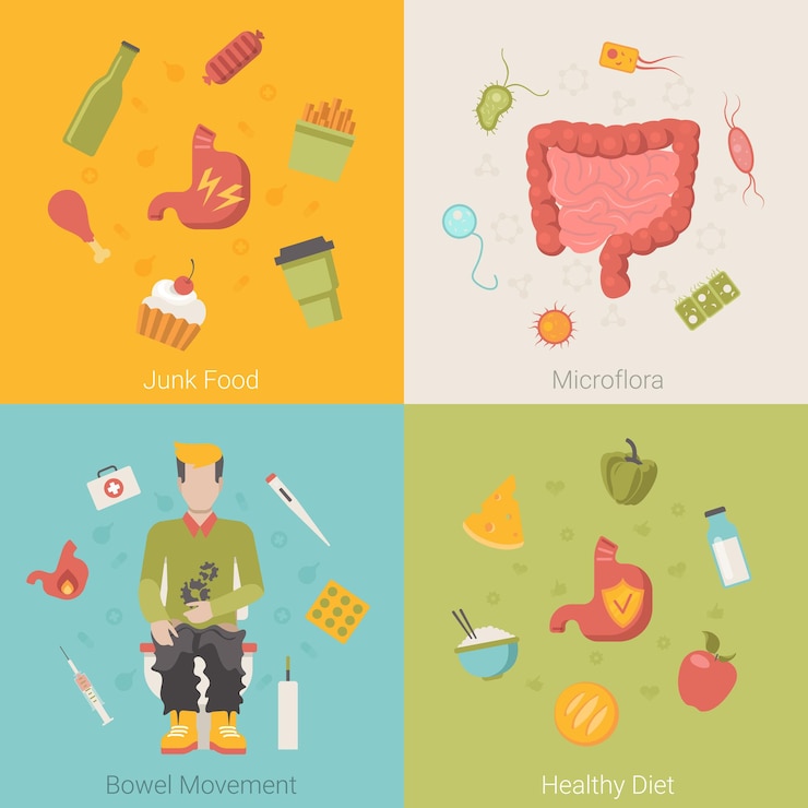Free Vector flat healthy stomach intestines bowel organ vector concept. junk food microflora bowel movement diet