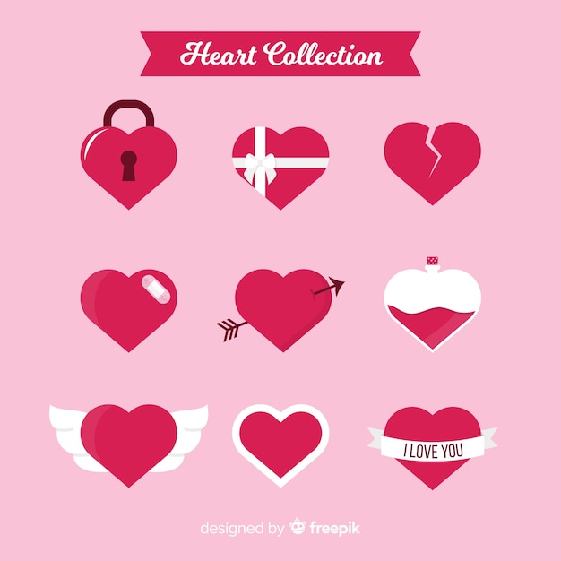 Бесплатное векторное изображение Плоский набор сердца