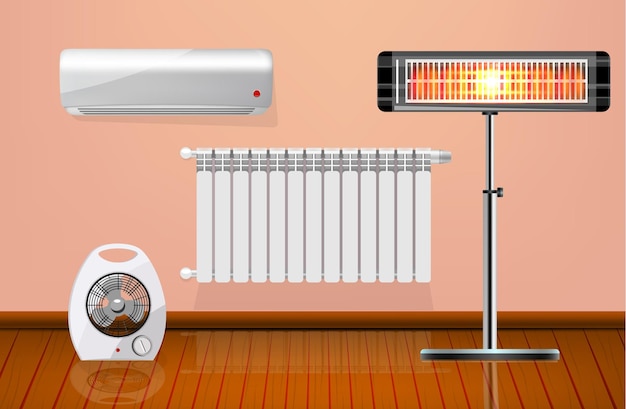 Free vector flat heaters set with radiator electric fan conditioner and infrared heating appliance in room vector illustration
