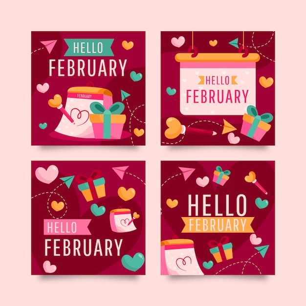 Free vector flat hello february instagram posts collection