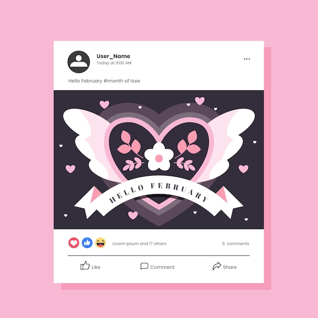 Free vector flat hello february social media post template