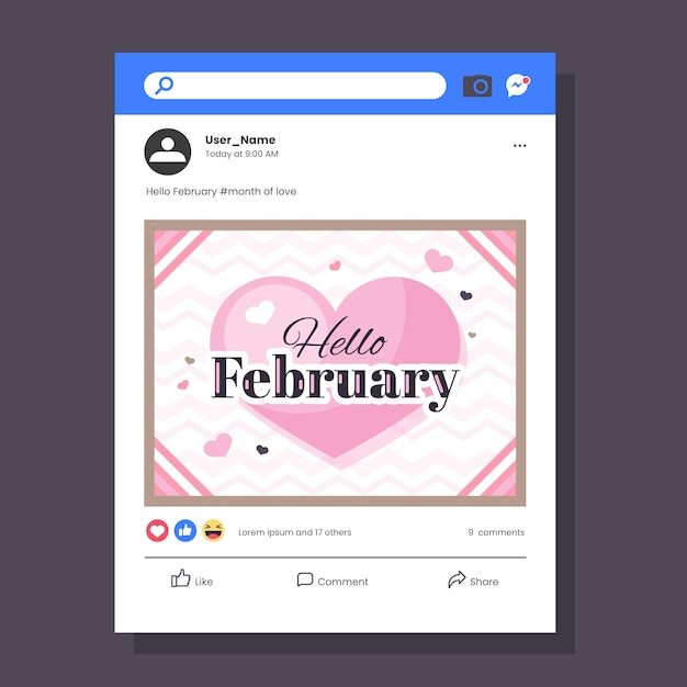 Flat hello february social media post template