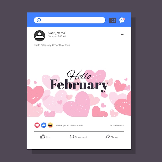 Free vector flat hello february social media post template