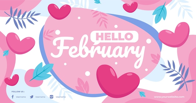Flat hello february social media post template