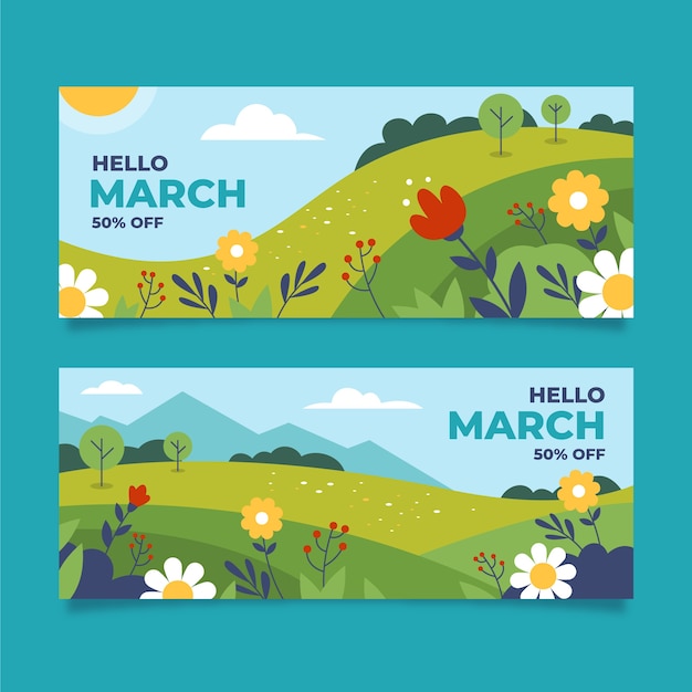Flat hello march horizontal banner or background