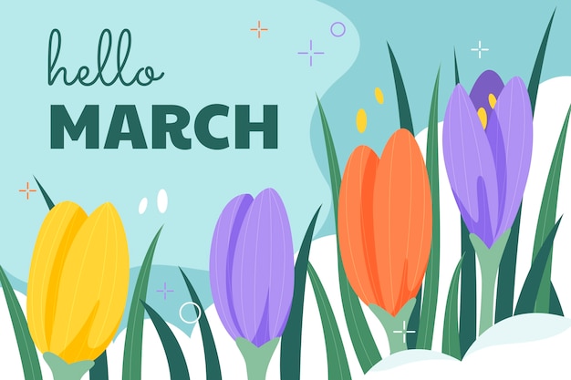 Flat hello march horizontal banner and background