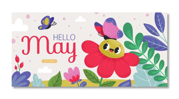 Flat hello may horizontal banner and background