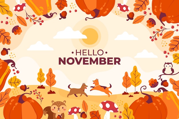 Flat hello november background for autumn