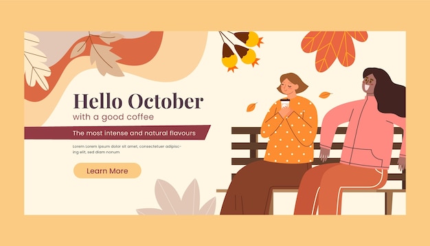 Vettore gratuito modello di banner piatto ciao ottobre per l'autunno