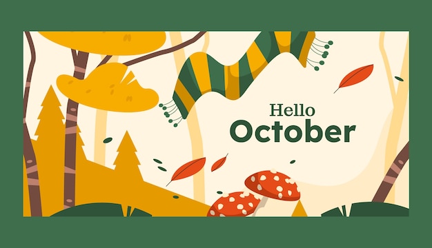 Flat hello october horizontal banner template for autumn