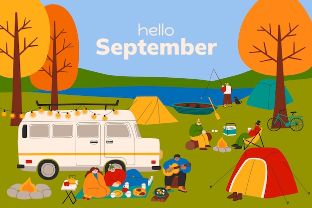 Flat hello september background for autumn celebration