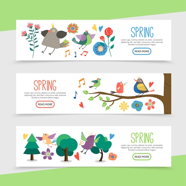 Flat hello spring horizontal banners with beautiful flowers music notes cute birds sitting on tree branches