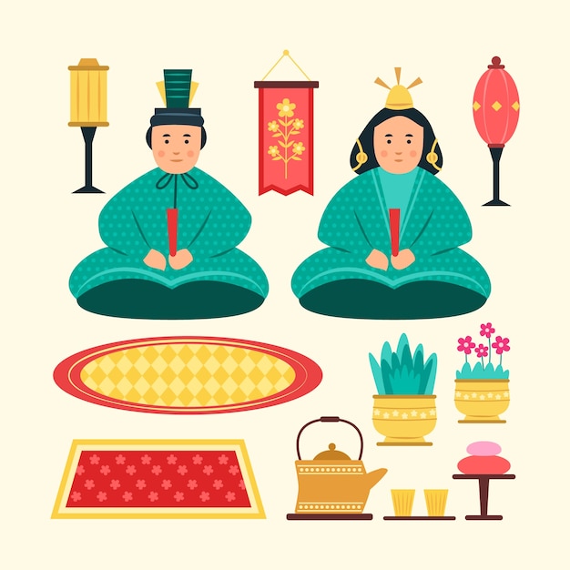 Бесплатное векторное изображение Плоская коллекция элементов фестиваля хинамацури