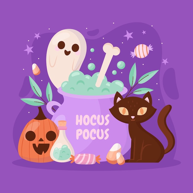 Vettore gratuito illustrazione piatta di hocus pocus per la celebrazione di halloween