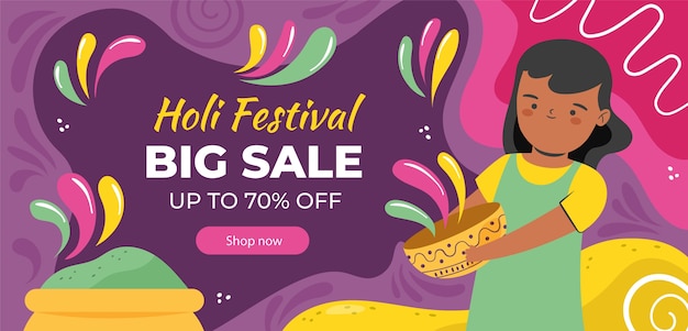 Free vector flat holi festival celebration horizontal sale banner template