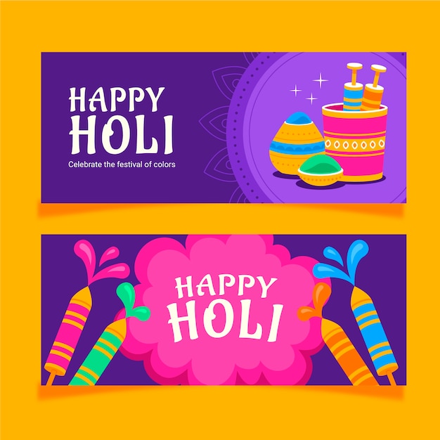 Flat holi horizontal banners set