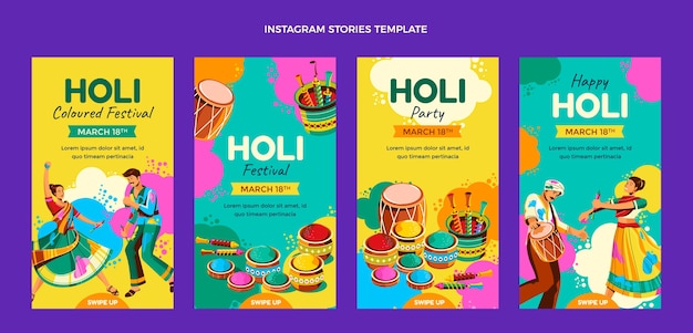 Vettore gratuito collezione di storie di instagram holi piatte