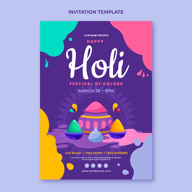 Free vector flat holi invitation template