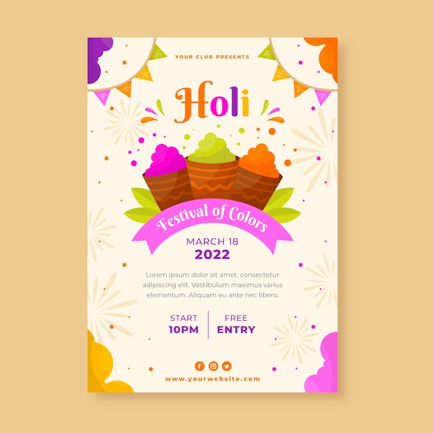 무료 벡터 평면 holi 수직 포스터 템플릿