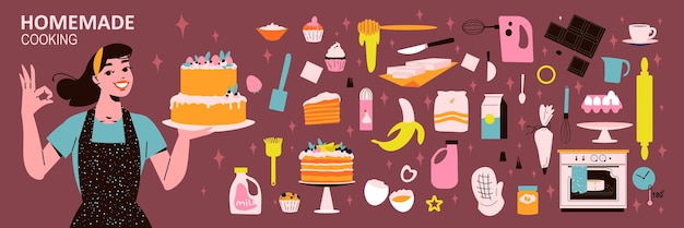 Бесплатное векторное изображение Плоская домашняя кулинария большой набор иконок хлебопекарные ингредиенты для выпечки и векторная иллюстрация хлебопекарного оборудования