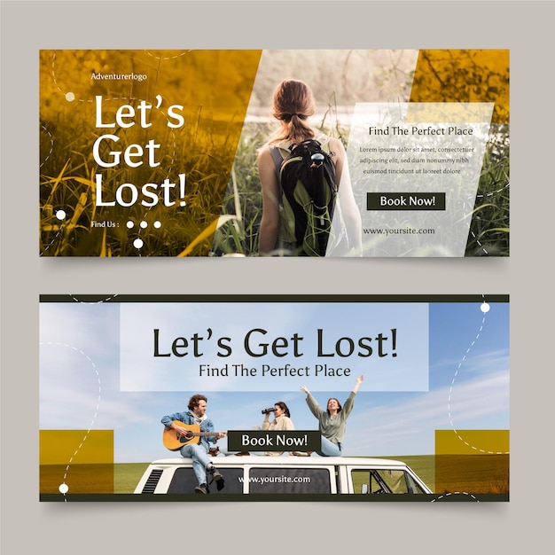 Free vector flat horizontal adventure banners set with photo