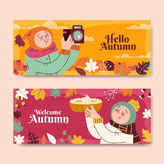 Flat horizontal autumn banners set