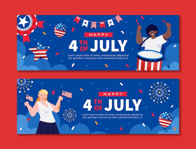 Vettore gratuito modello di banner orizzontale piatto per la celebrazione del 4 luglio americano