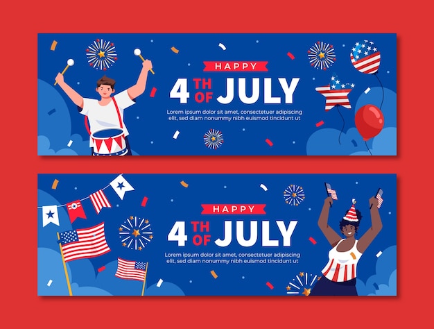 Vettore gratuito modello di banner orizzontale piatto per la celebrazione del 4 luglio americano