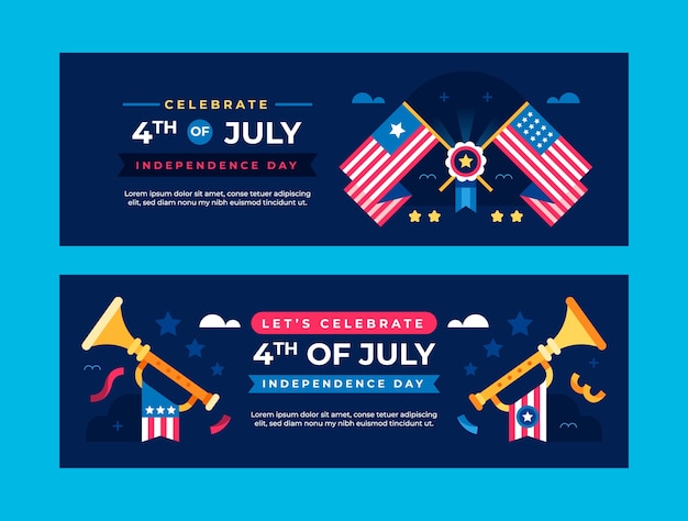 Modello di banner orizzontale piatto per la celebrazione del 4 luglio americano
