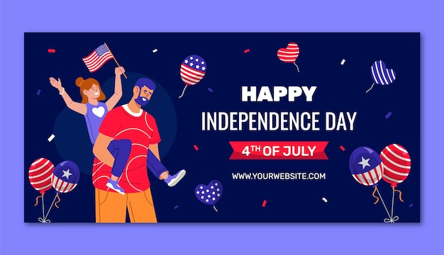 アメリカの 7 月 4 日のお祝いのための平らな水平バナー テンプレート