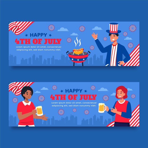 Flat horizontal banner template for american 4th of july celebration