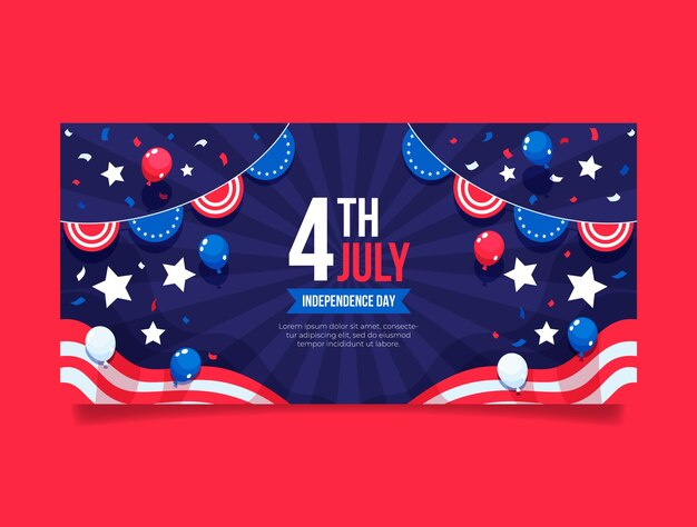 アメリカの 7 月 4 日のお祝いのための平らな水平バナー テンプレート