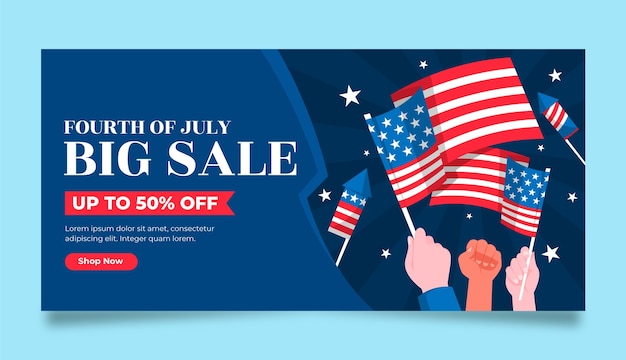 Free vector flat horizontal banner template for american 4th of july holiday celebration