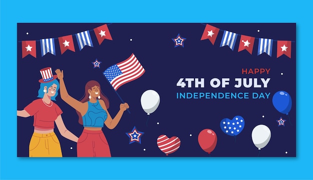 アメリカの7月4日の休日のお祝いのための平らな水平バナーテンプレート