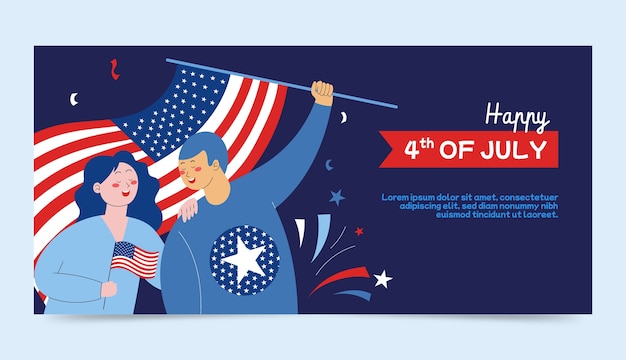 Flat horizontal banner template for american 4th of july holiday celebration