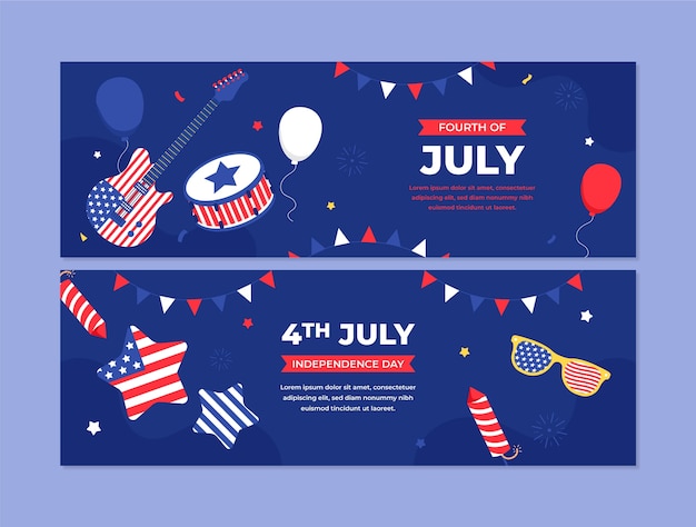 Free vector flat horizontal banner template for american 4th of july holiday celebration