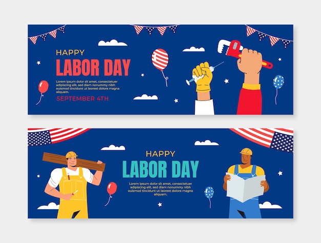 Vettore gratuito modello di banner orizzontale piatto per la celebrazione della giornata del lavoro americana