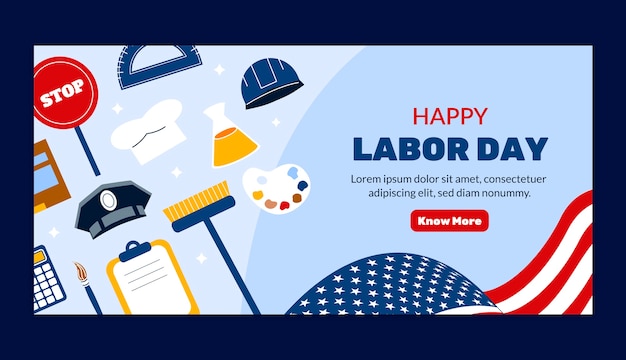 Vettore gratuito modello di banner orizzontale piatto per la celebrazione della festa del lavoro americana