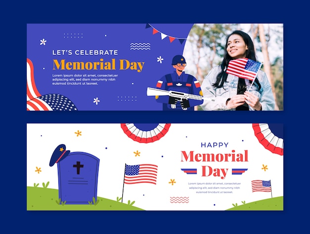 Flat horizontal banner template for american memorial day holiday