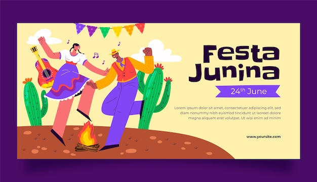 Vettore gratuito modello di banner orizzontale piatto per la celebrazione brasiliana di festas juninas