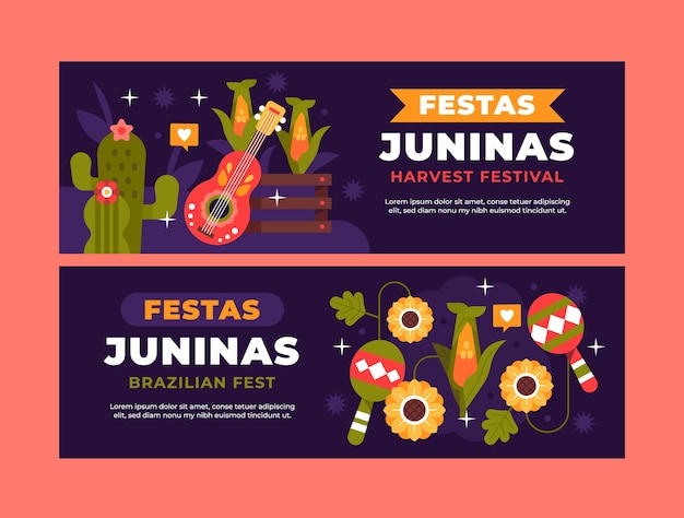 Vettore gratuito modello di banner orizzontale piatto per la celebrazione brasiliana di festas juninas