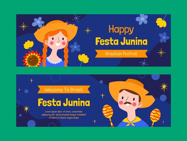 Free vector flat horizontal banner template for brazilian festas juninas celebrations