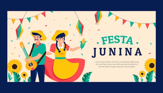 Vettore gratuito modello di banner orizzontale piatto per le celebrazioni brasiliane di festas juninas