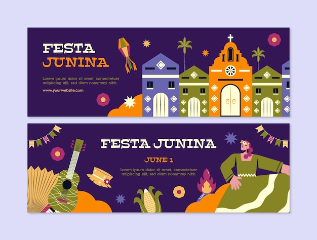 Vettore gratuito modello di banner orizzontale piatto per le celebrazioni brasiliane di festas juninas