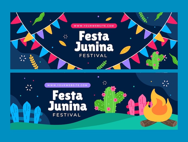 Free vector flat horizontal banner template for brazilian festas juninas celebrations